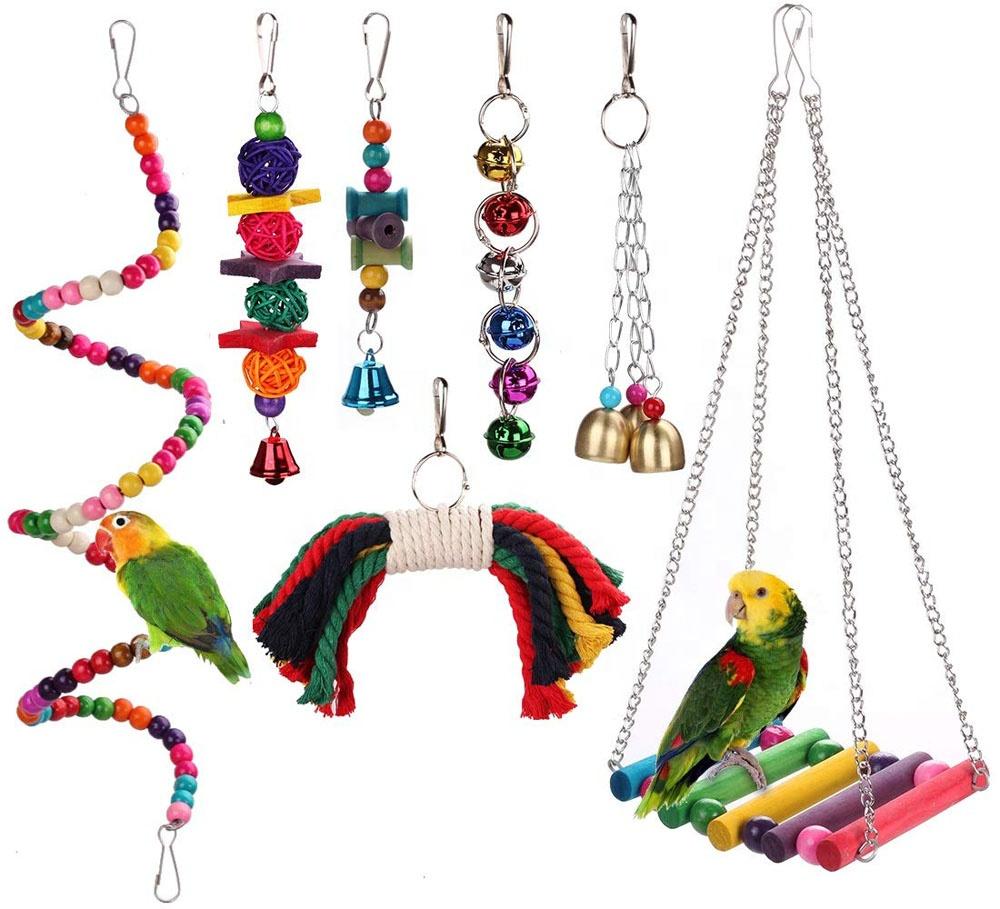 Bird Parrot Toys Play Set for Bird Cage, Colorful Chewing Hanging Swing Toy Bells, Ladder Swing for Small Parrots, Macaws,