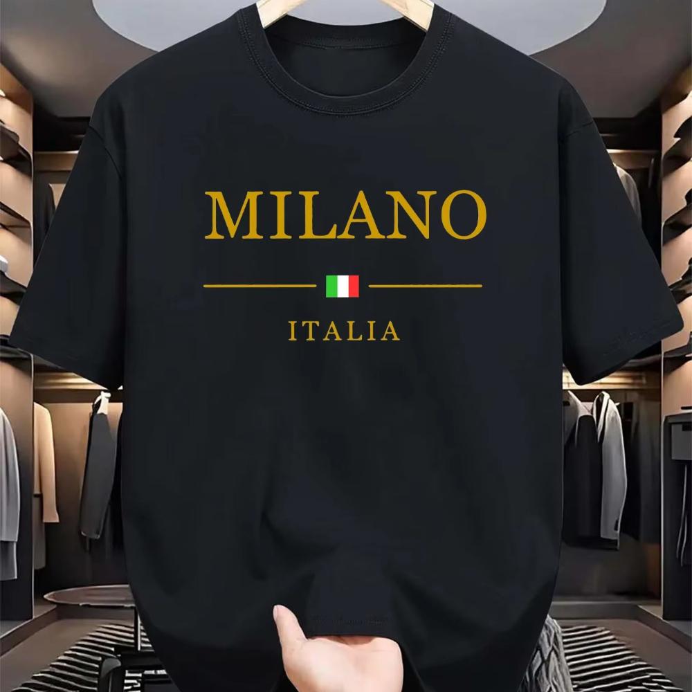 Mens Summer Cotton Fashionable Casual Loose Plus Size MILANO ITALIA Pattern Printed Sports Round Neck Short Sleeved Tshirt