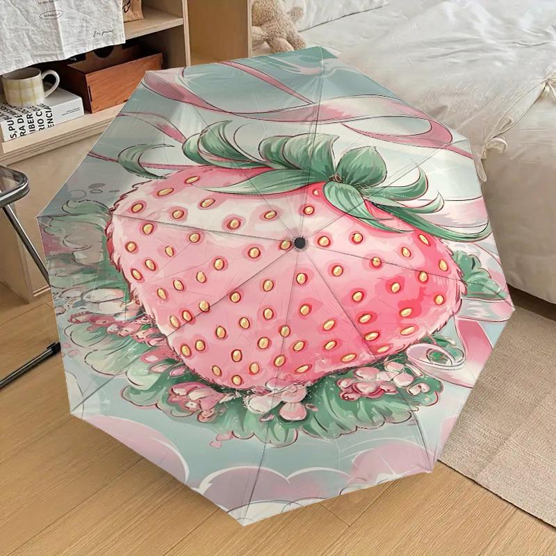 1pc Strawberry Ribbon Automatic Open/Close Umbrella Compact Folding Umbrella with 8-Rib Shaft for Women/Men, Elegant Birthday1175S