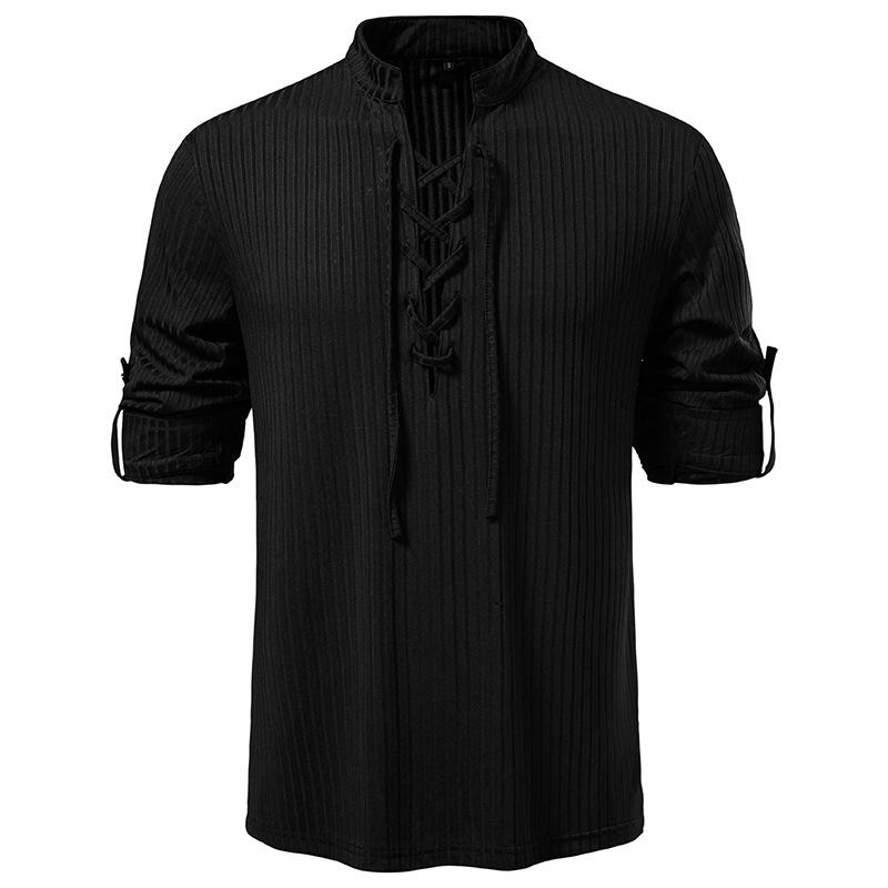 Men's Lace-Up Stand Collar Striped Shirt Long Sleeve Casual Top for Men Spring Autumn Fashion Multi-Color Textured Male Blouse
