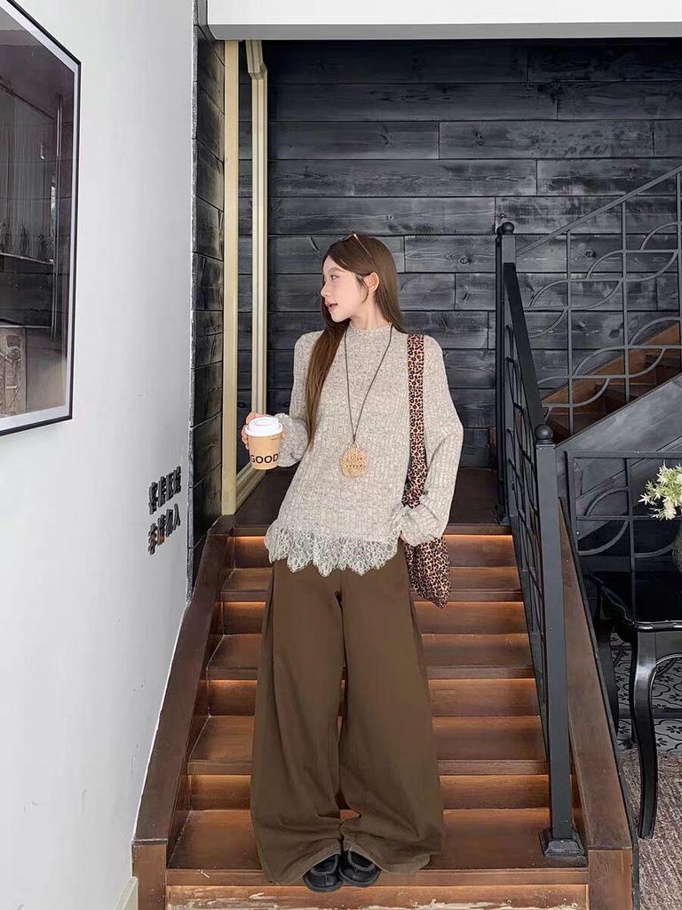 Ye Yuan Women's Korean Lace Hem Long Sleeve T-Shirt - Autumn/Winter Half-High Collar Slim Fit Base Layer