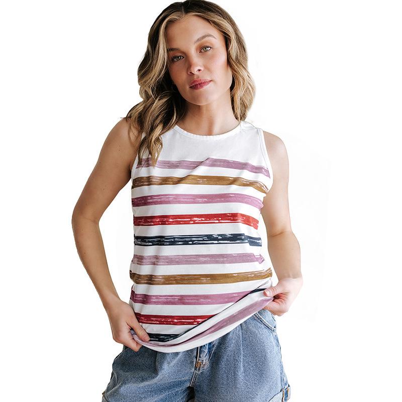 Shi Ying Colorful Striped Round Neck Sleeveless Women’s Pullover - Summer 2025 European American Casual Vest Small