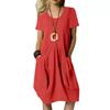 Women's V Neck Short Sleeve Linen Midi Dress Solid Color Pleated Front Side Pockets Loose Casual Summer Dress