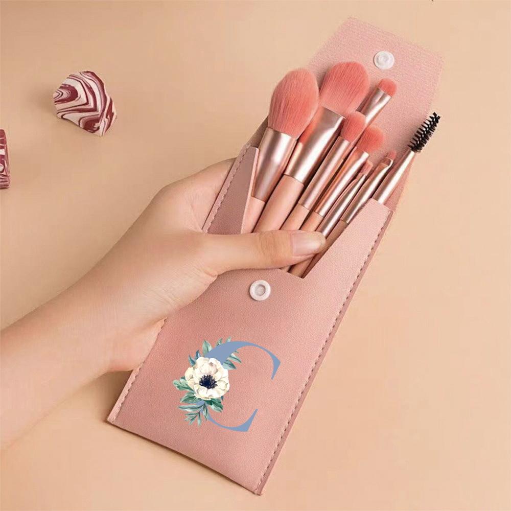 8pcs Pink Professional Makeup Brushes Set Soft Synthetic Bristles For Foundation, Blush With Travel Case Blue Pattern