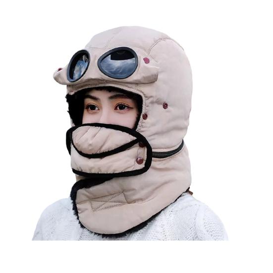 

Riding Headgear Thermal Hat with Detachable Scarf Zipper Design Windproof Glasses Skiing Riding Winter Hat