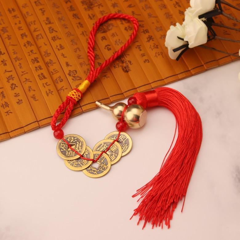 Fu Lu Zhen Zhai Chinese Gourd Pendant with Five Emperors Copper Coins and Gold Edge – Wealth Knot Ornament Gift