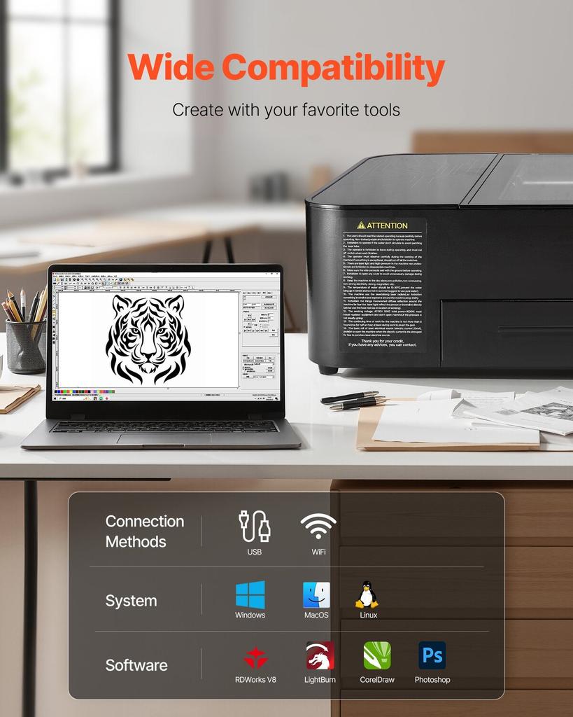 55W CO2 Laser Engraver, 500 x 300 mm, Desktop CO2 Laser Engraver and Cutter Machine with 16MP Camera, Water Pump, Rotary Axis, Compatible with