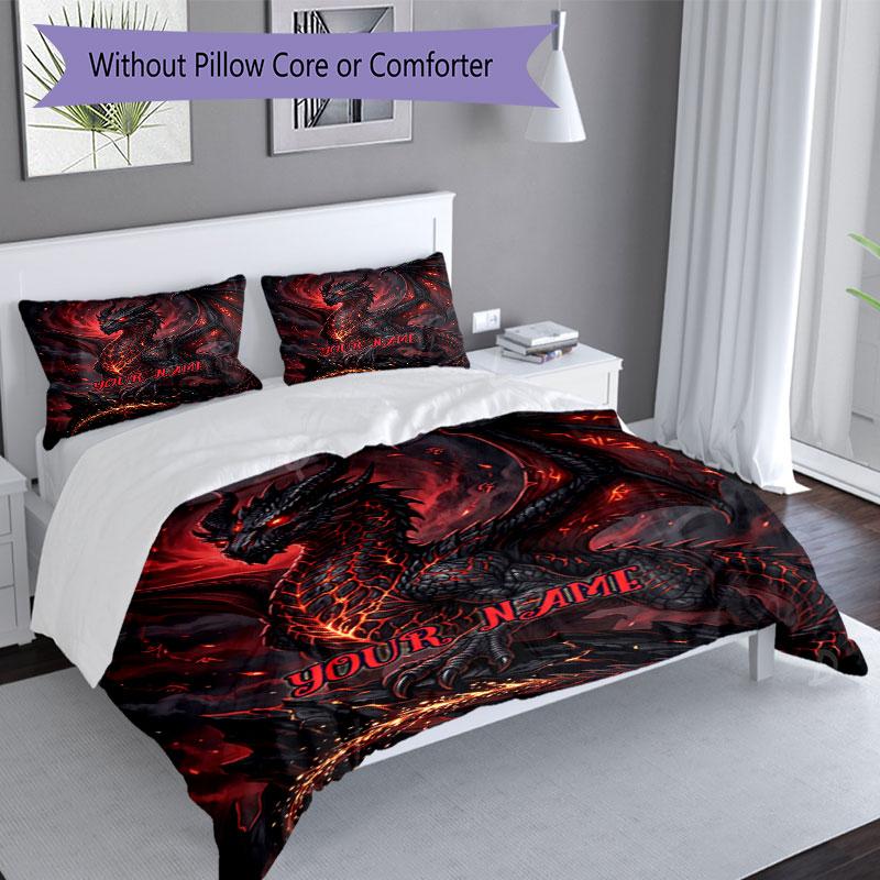 3PC Custom Name Fiery Dragon's Rise Bedding Set Duvet Cover Closure Includes 1 Duvet Cover & 2 Pillowcases for Bedroom