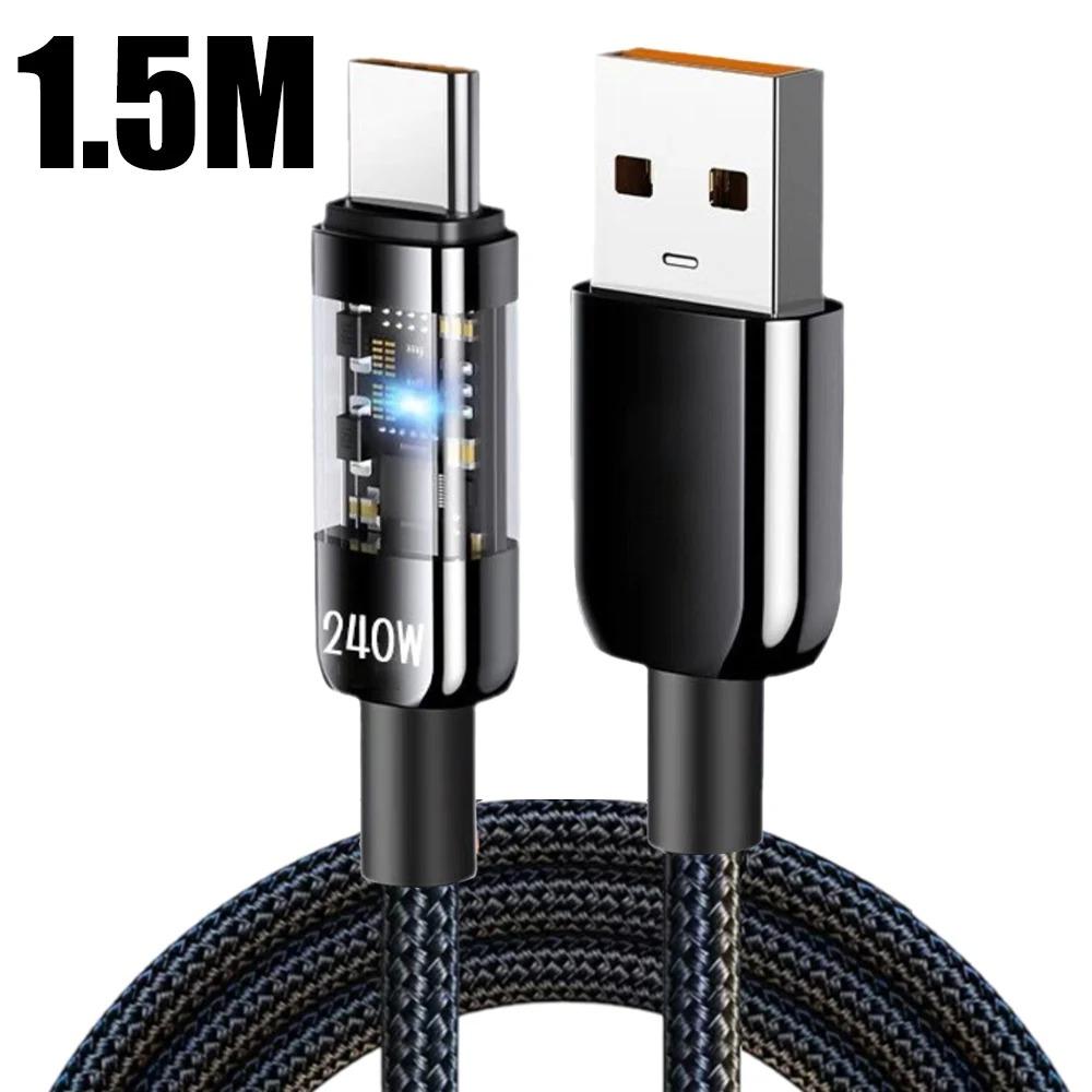 240W USB C Fast Charging Cable USB Type C Transparent Mobile Phone Data Line For Samsung Xiaomi iPhone 16 15 USB C Charger Cord