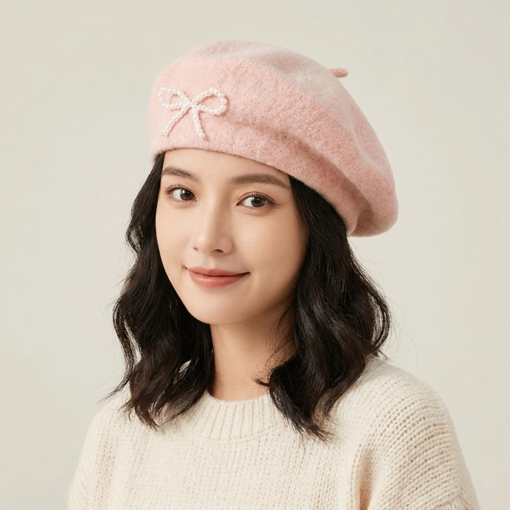 Solid Color Wool Beret Knitted Beanie Cap Sweet Bow Beret  Autumn