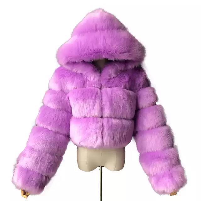 Chlupaté Zkrácené Bundy z Umělé Kožešiny Dámské Nadýchaný Vrchní Kabát s Kapucí Rovný Krátká Zimní Kožešinová Bunda Módní Streetwear
