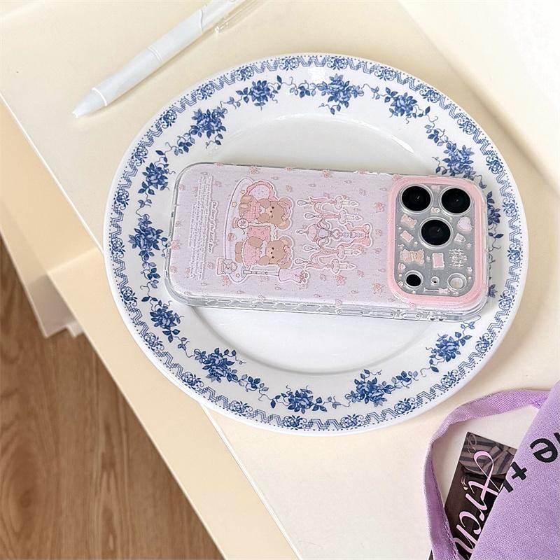 Cute Kawaii Pink Plaid Teddy Bear Phone Case For iPhone 16 15 14 13 Glitter Chandelier Print Protective Cover for Girls