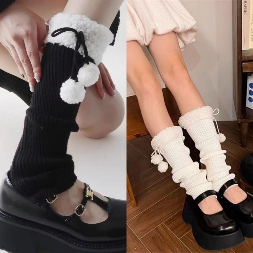 1pair Solid Color Knitted Leg Warmers Warm Winter Foot Cover Cute Mid-Calf Length Socks Girl