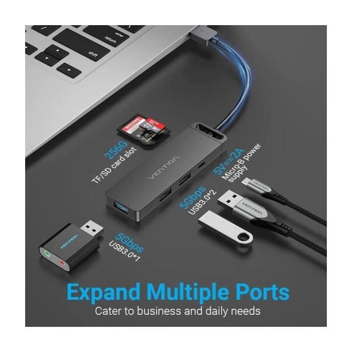 Docking USB 3.0 - VENTION - CHVBB - 3xUSB - 1xMicroUSB PD - Lecteur de cartes SD TF - Noir