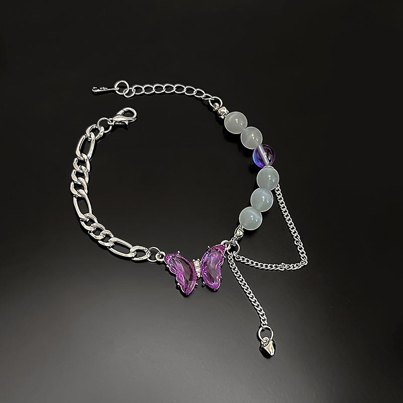 Fashion Trendy Handmade Purple Butterfly Pearl Chain Bracelet Beautiful Small Fresh Personality Bracelet Women