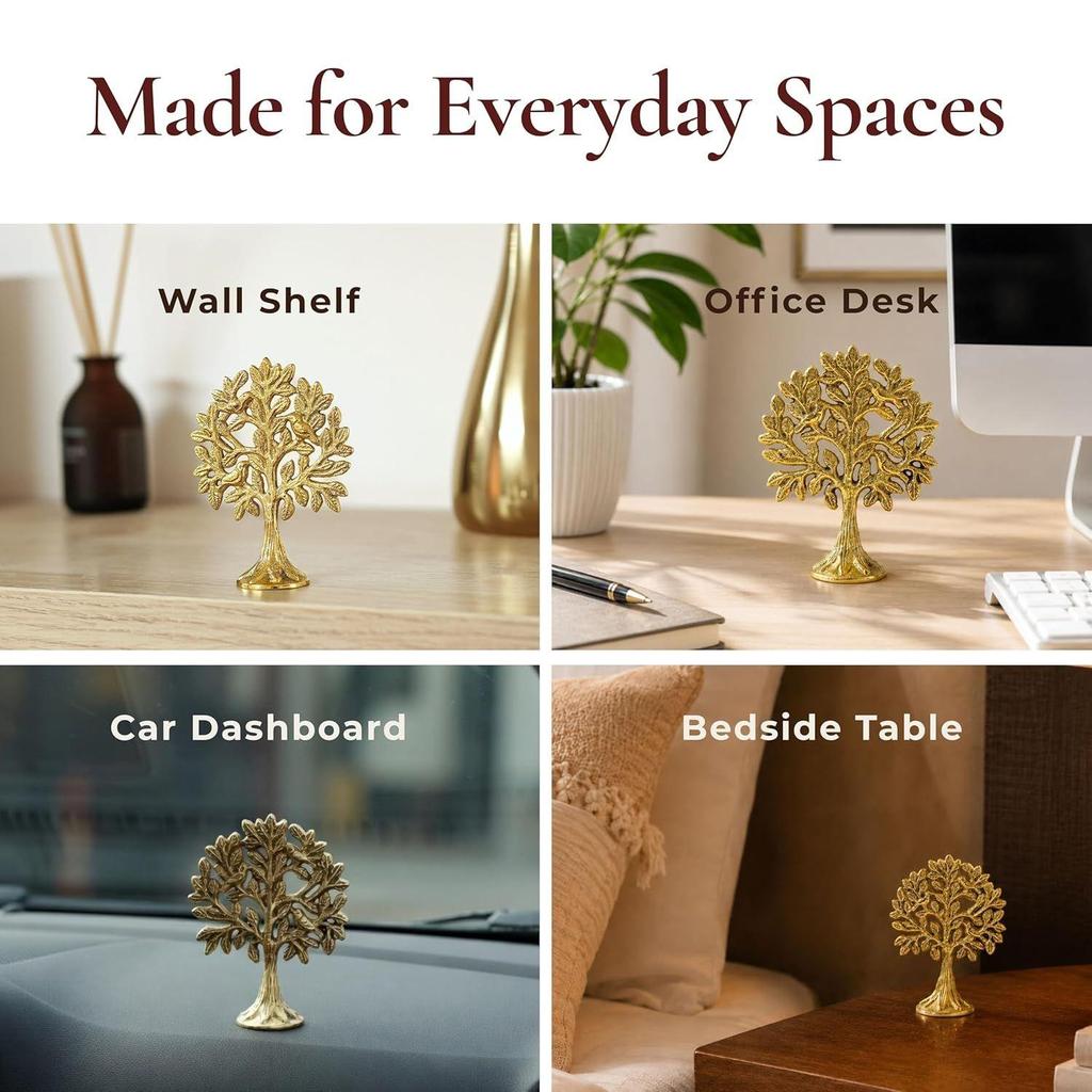 Pure Brass Kalpvriksh Tree with Birds | Tree of Life Showpiece for Car Dashboard & Table Decor (8.5 Cm)