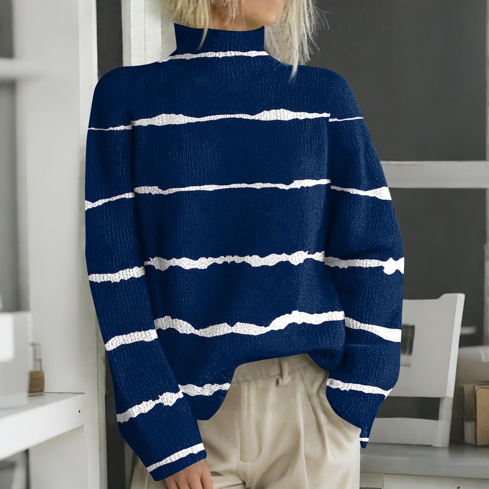 Женская мода повседневная с длинным рукавом и принтом с высоким воротом шерстяной трикотаж XXL тёмно-синий 2100₽