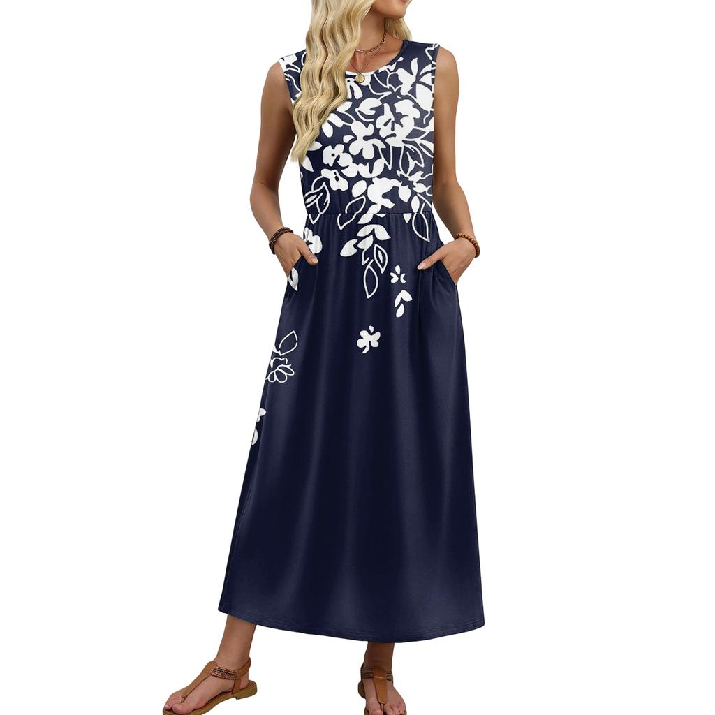 Ladies' Floral Print Casual And Fashionable Waist Cinched Sleeveless Dress