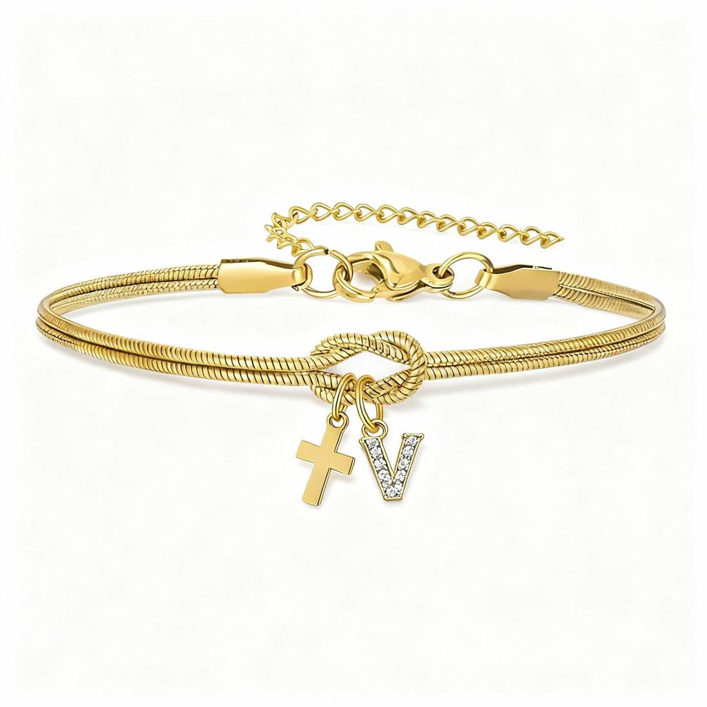 Double Knot Round Snake Bone Bracelet with Diamond 26 Letters Cross Pendant Charm Jewelry