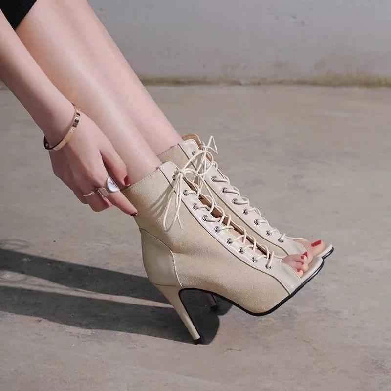 

Fashion 2024 Fashion Sandals Boots Women High Heels Pumps Sexy Hollow Out Mesh Lace-Up Cross-tied Boots Party Shoes Women Boots 34 бежевый