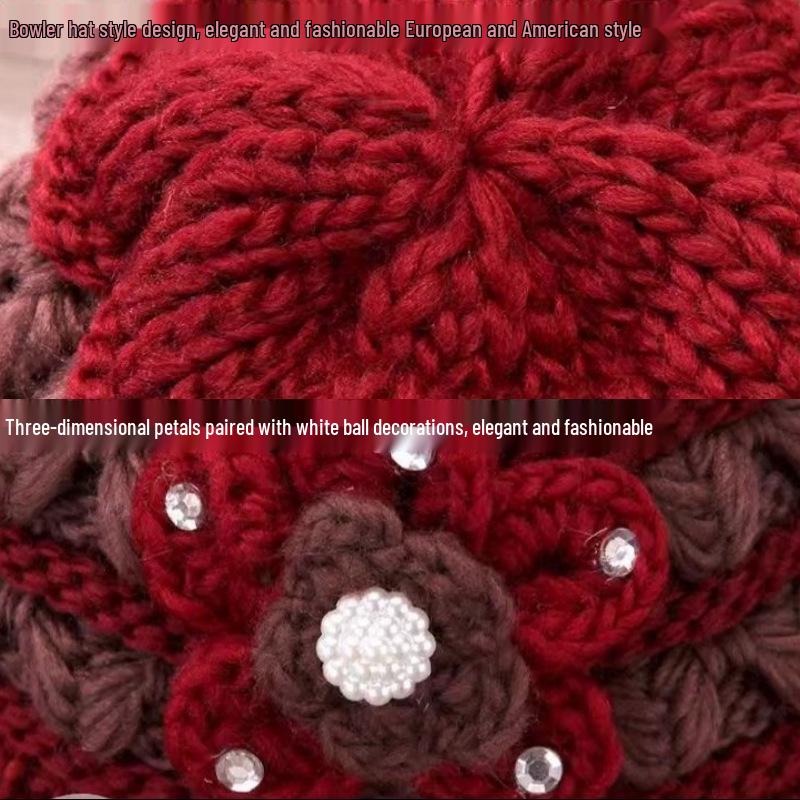 Cappello in Maglia Spesso da Donna con Fodera in Pile, Design Floreale all'Uncinetto Fatto a Mano, Lana Anti-Freddo e Proteggi-Orecchie per Autunno e Inverno.