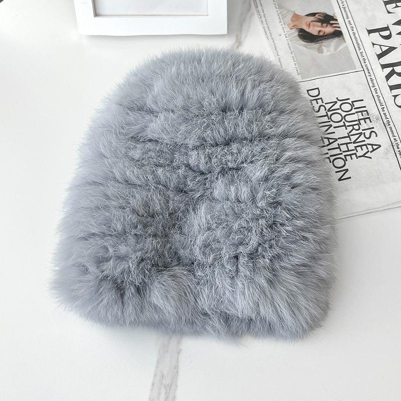 Autumn and Winter New Rabbit Fur Woven Small Round Hat Female Korean Version Warm Ear Protection Bag Head Knitted Fur Hat Shows Small Face