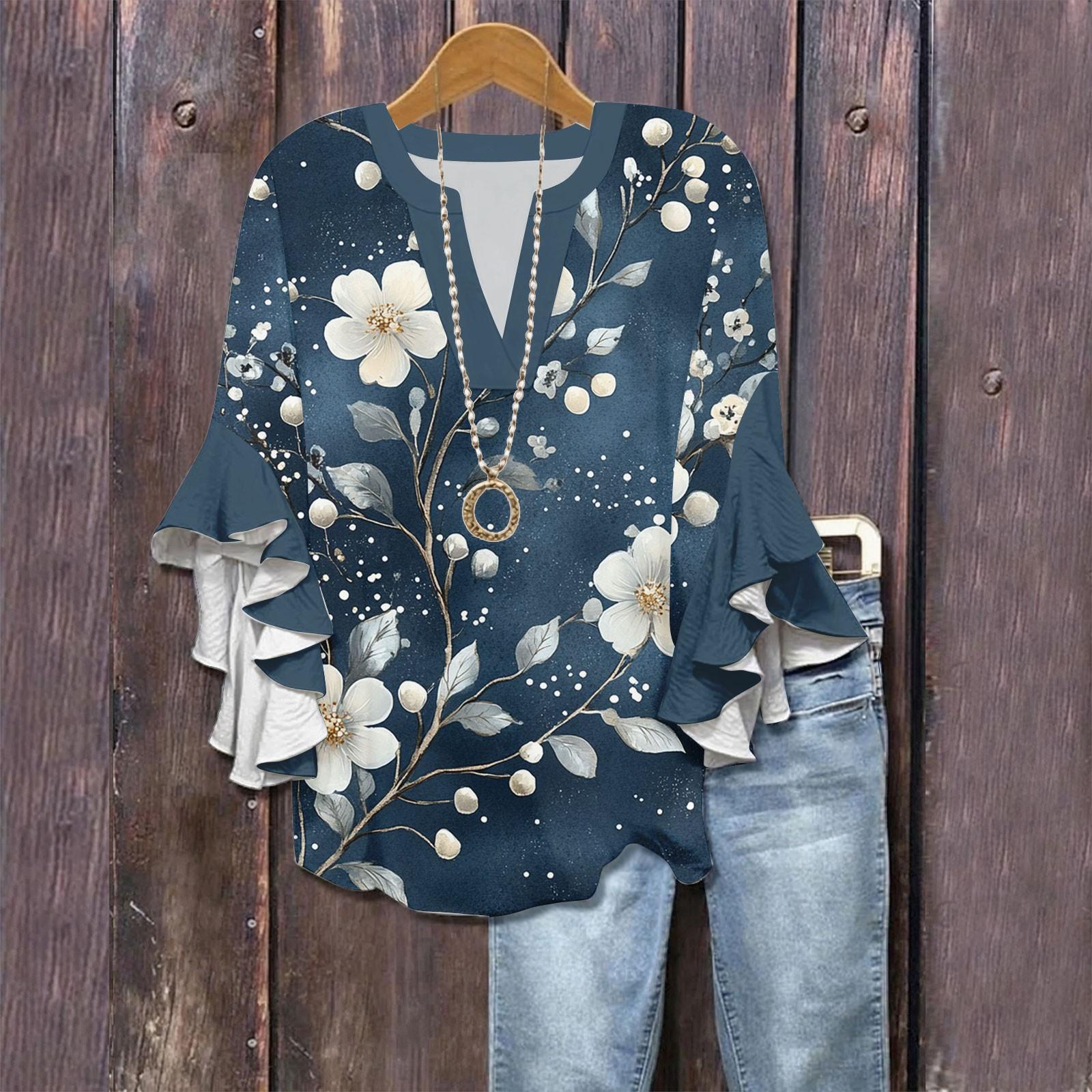 

3/4 Sleeve Shirts For Women Cute Print Graphic Tees Blouses Casual Plus Size Basic Ruffled Sleeve Tops Pullover S Темно-синій