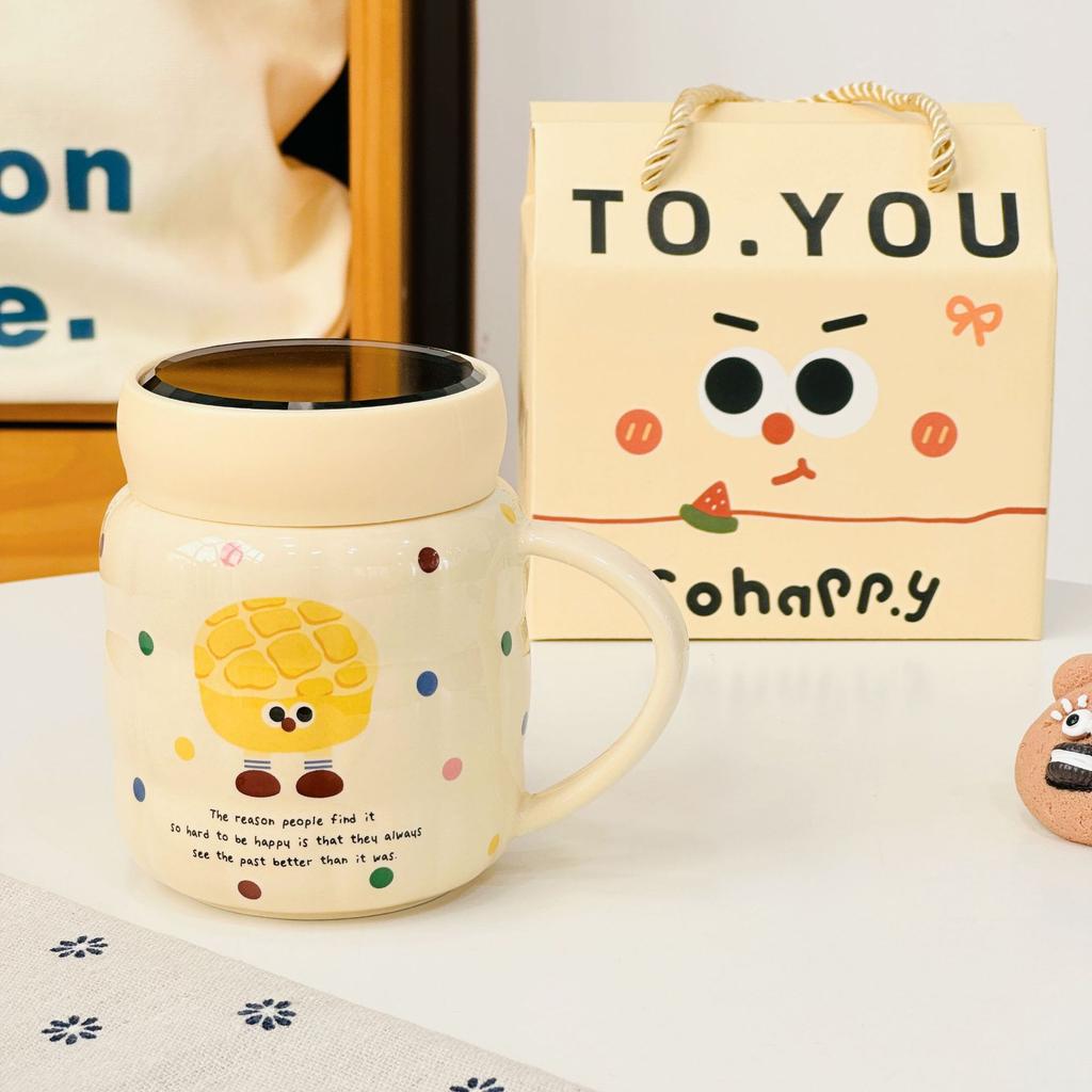 Cartoon Cone Mug with Lid Internet Celebrity Drinking Cup for Girls Dormitory Breakfast Cup Cute Gift Box Set Souvenir