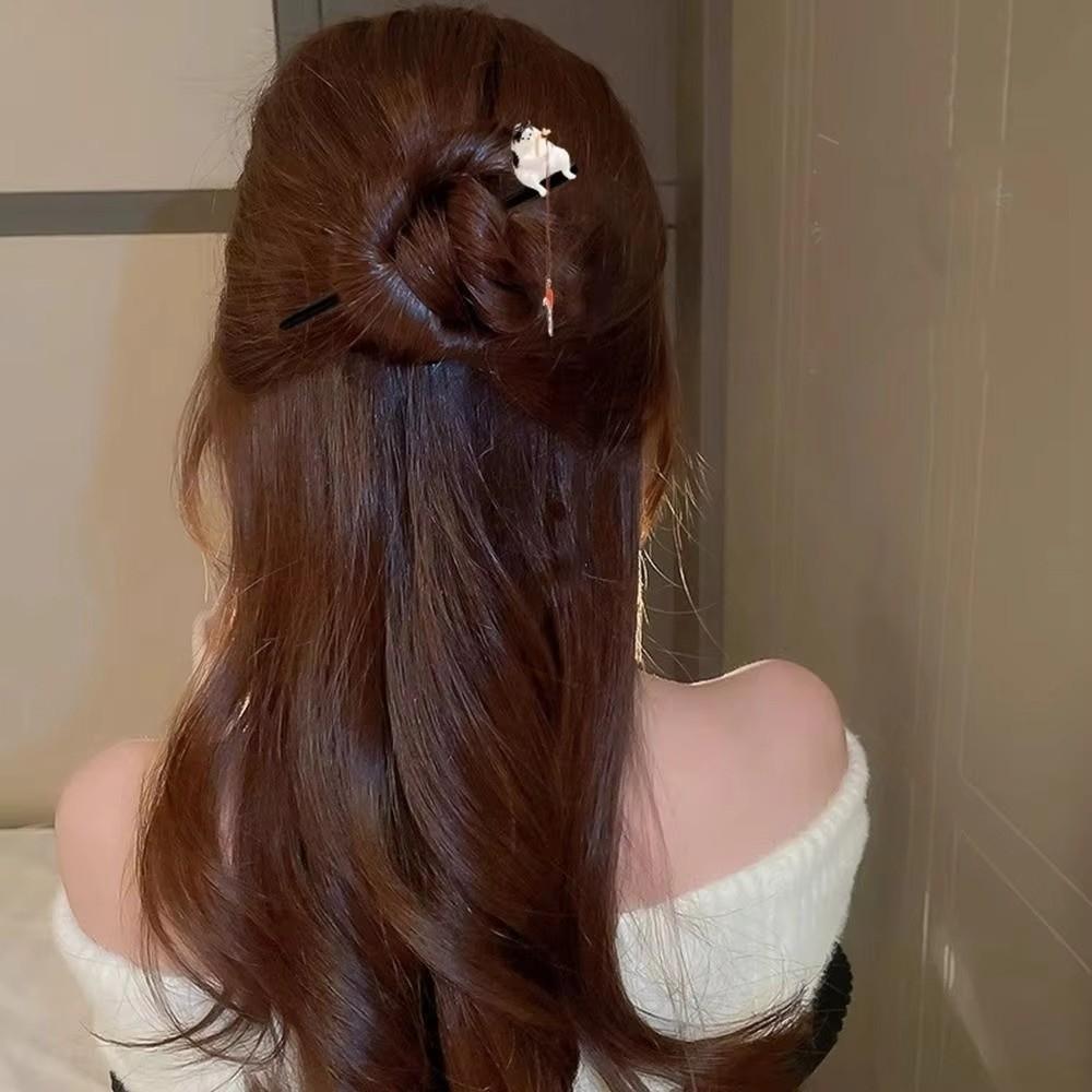 Chinesischer Stil Holz Haarstab Quaste Hanfu Haarspange Antike Katze Angeln Haarstab Mädchen