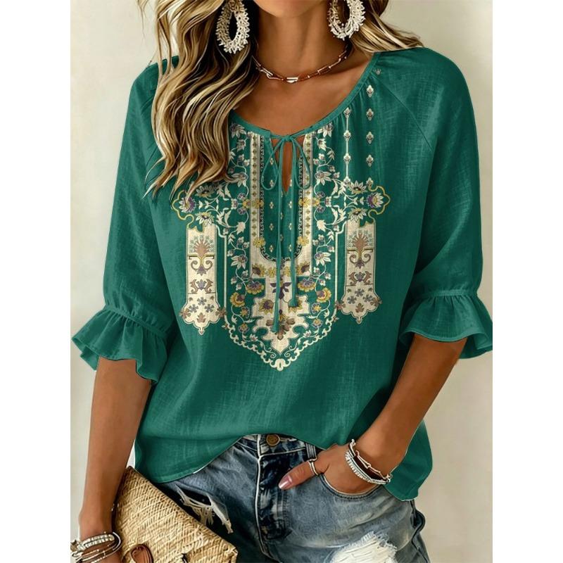 Women's Navy Ethnic Embroidered Tie Neck Blouse, Casual Loose Tops for Spring Summer Daily Wear & Vacation Occasions