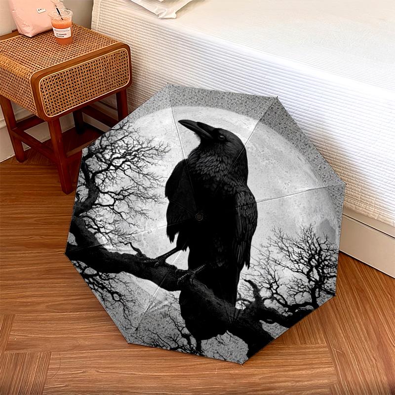 1 PC Automatic Folding Umbrella - Raven Pattern, Portable & Foldable Design with 8 Ribs, Christmas Birthday Gifts