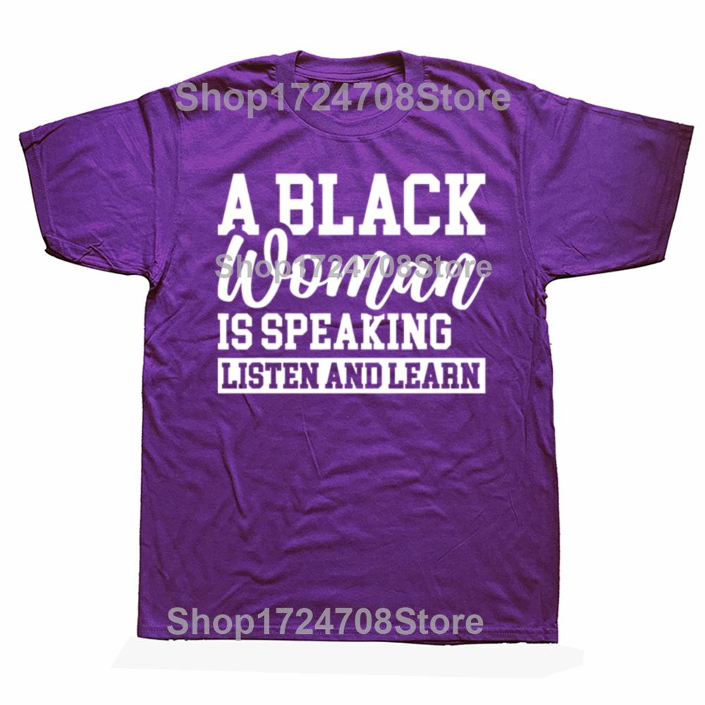 Lustig Eine schwarze Frau spricht Zuhören und Lernen Vintage Grafik T-Shirts Herrenmode Lässig Baumwolle Locker Übergroßes T-Shirt