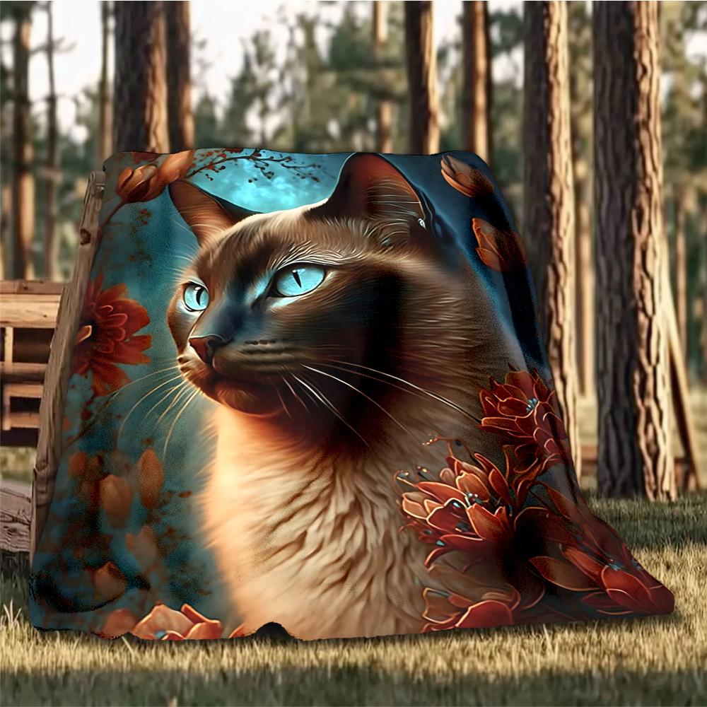 1pc Cat Flowers Outdoor Flannel Blanket Soft All Season Polyester Throw , Perfect for Picnics & Travel , Picnic Accessory