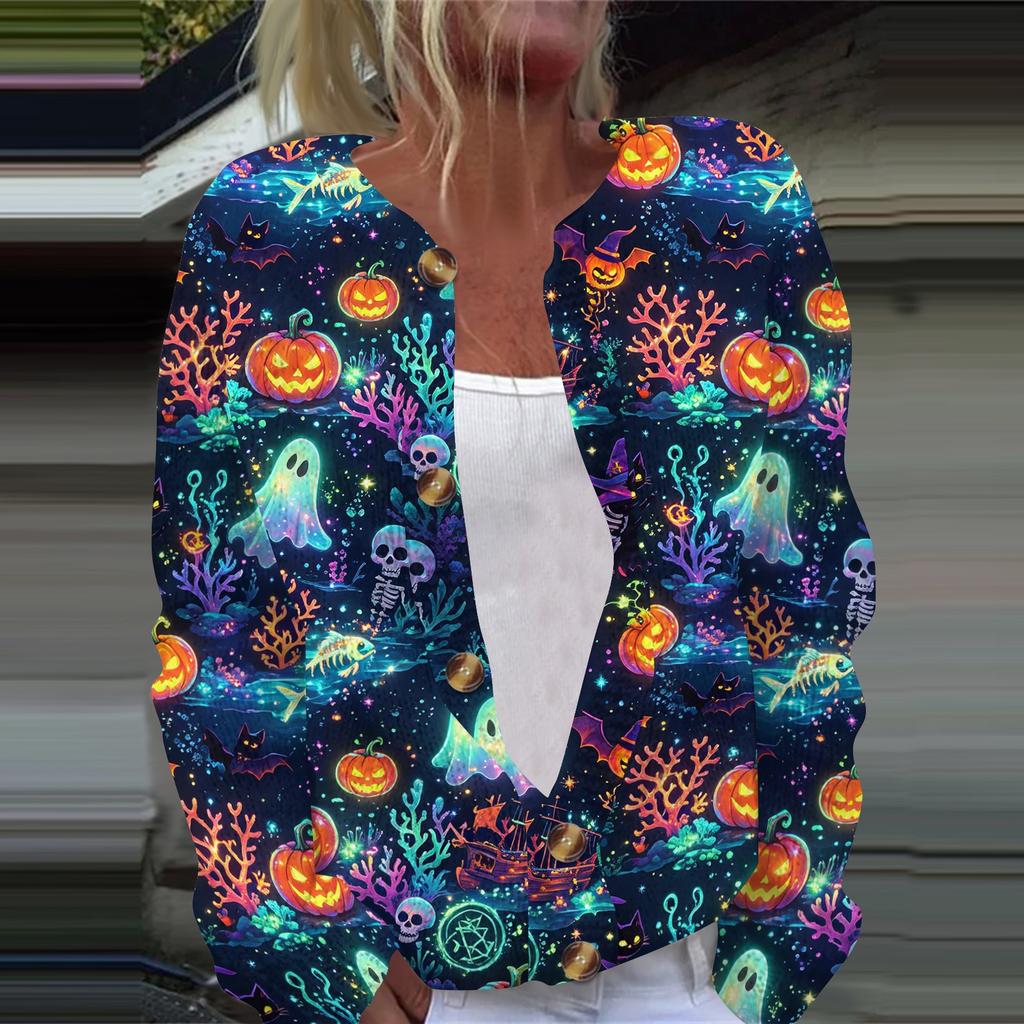 Damen Halloween Print Langarm Strick Cardigan Knopfleiste Pullover Mantel Leichte Oberbekleidung für Herbst und Winter