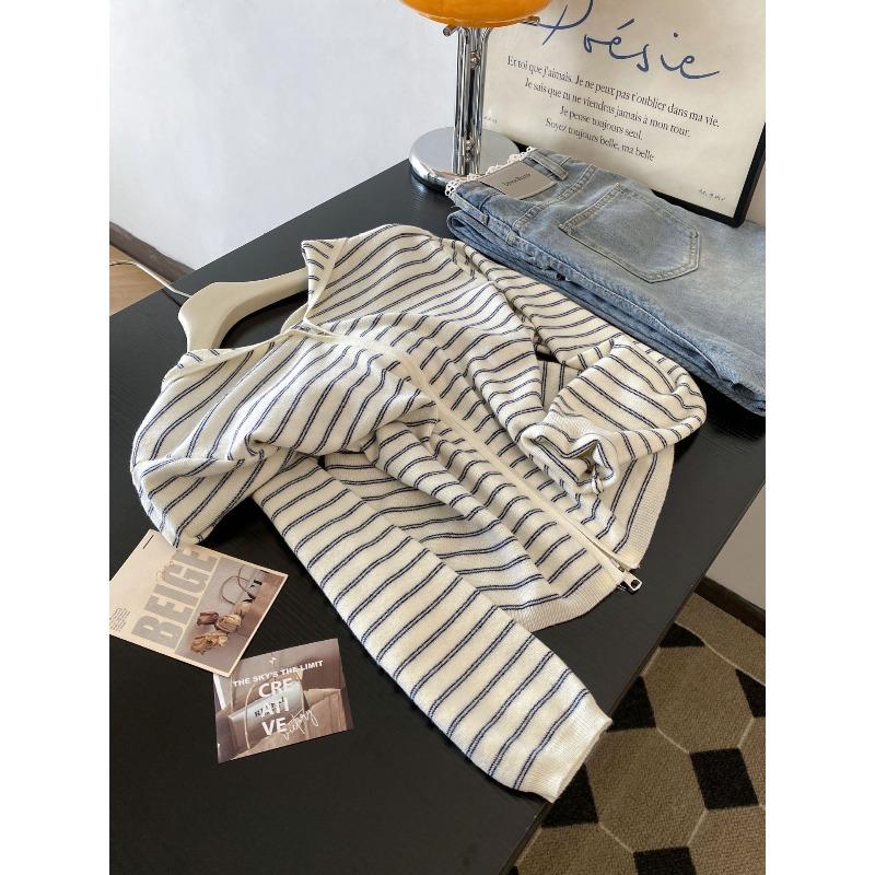 Early Autumn Hooded Striped Knitted Cardigan Women's Loose and Thin Soft Waxy Top