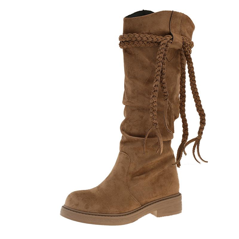 Wasteland Wind Fringed Knight Boots Thick Heel But Knee Boots 2025 Autumn and Winter Retro Slim Pile Medium Women's Boots