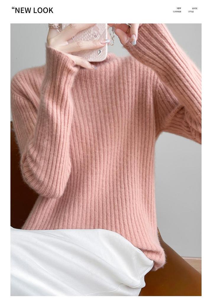 2025 Autumn/Winter High-Neck Pure Wool Ribbed Knitwear Loose Pullover Base Layer