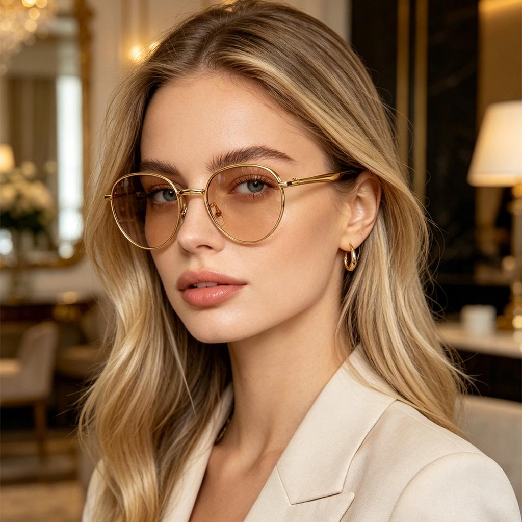 New light luxury round metal sunglasses men's and women's gold thin frame retro literary and versatile trend glasses