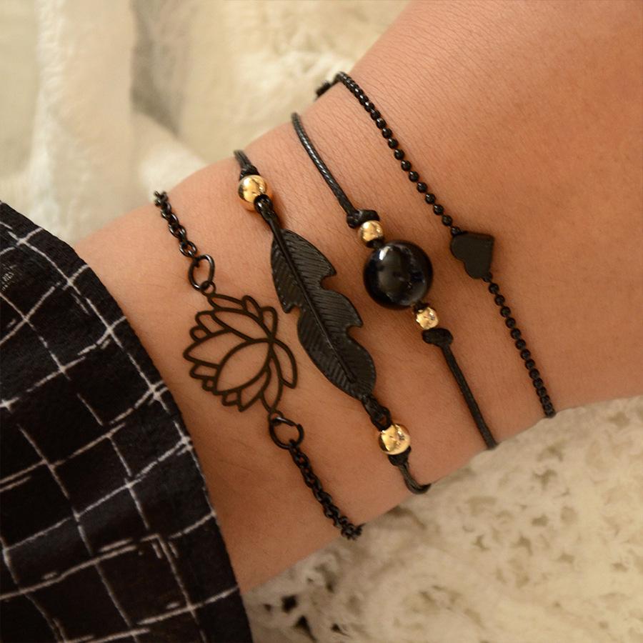 Boho Round Marble Charm Bracelet Set For Women Geometric Black String Rope Chain Bangle Female Bohemian Jewelry Gift