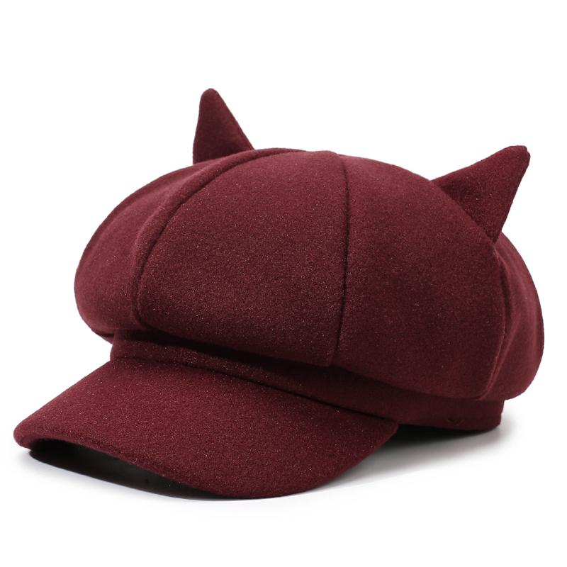 Cute Cat Ear Octagonal Hat, British Retro Wool Beret, Women's Solid Color Trendy Painter Hat