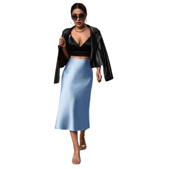 

Women Midi Skirt High Waist Smooth Satin Fishtail Hem Slimming Skirt Travel Party Work Leisure Daily Wear S світло-синій колір