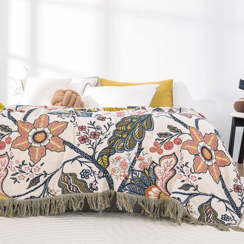 1pc Boho Floral Cotton Gauze Blanket with Tassels | Lightweight Vintage Flower Print Throw Blanket for Bed & Couch