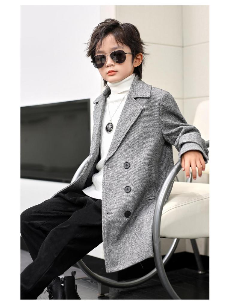 Boys' Mid-Length Wool Trench Coat - Stylish and Warm Korean-Style Overcoat for Autumn and Winter