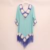 Rochie de plajă cu decolteu în V, mânecă scurtă, potrivire culori, croșetată, cu franjuri lungi, protecție UV, respirabilă, pulover, rochie pentru vacanță de vară, îmbrăcăminte pentru doamne