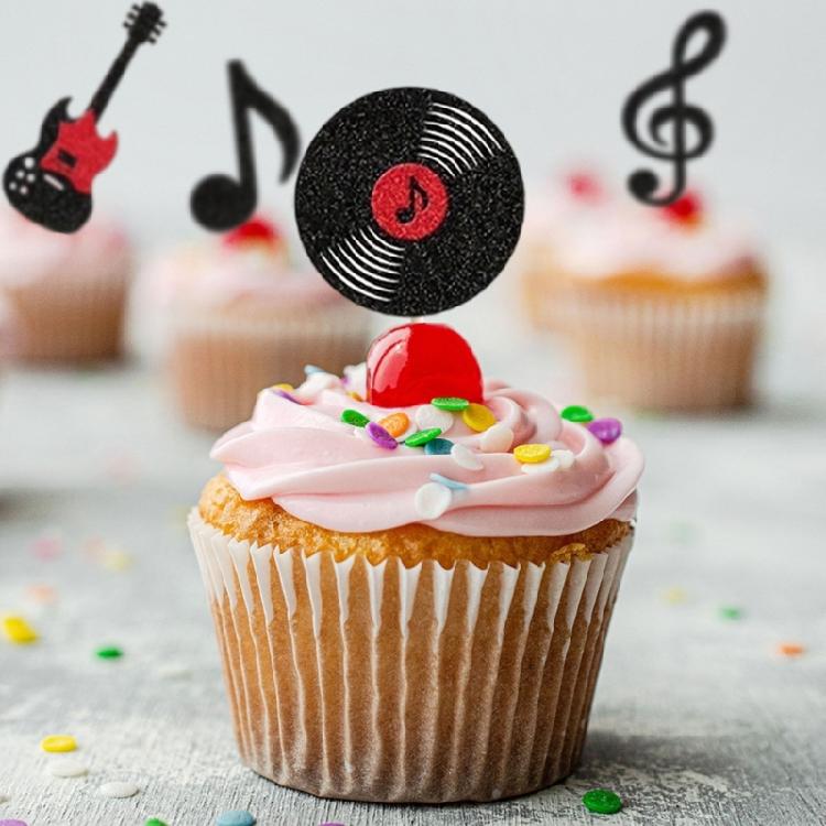 Confezione da 24 Topper per Torta Note Musicali Neri Scintillanti Decorazioni per Cupcake in Carta Stile Retrò per Eventi Festival