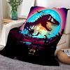 Vibrant Tyrannosaurus Rex Dinosaur and Glowing Blue Moon Blanket - Surreal Retro-Futuristic Soft Throw Blanket for Home Decor, P