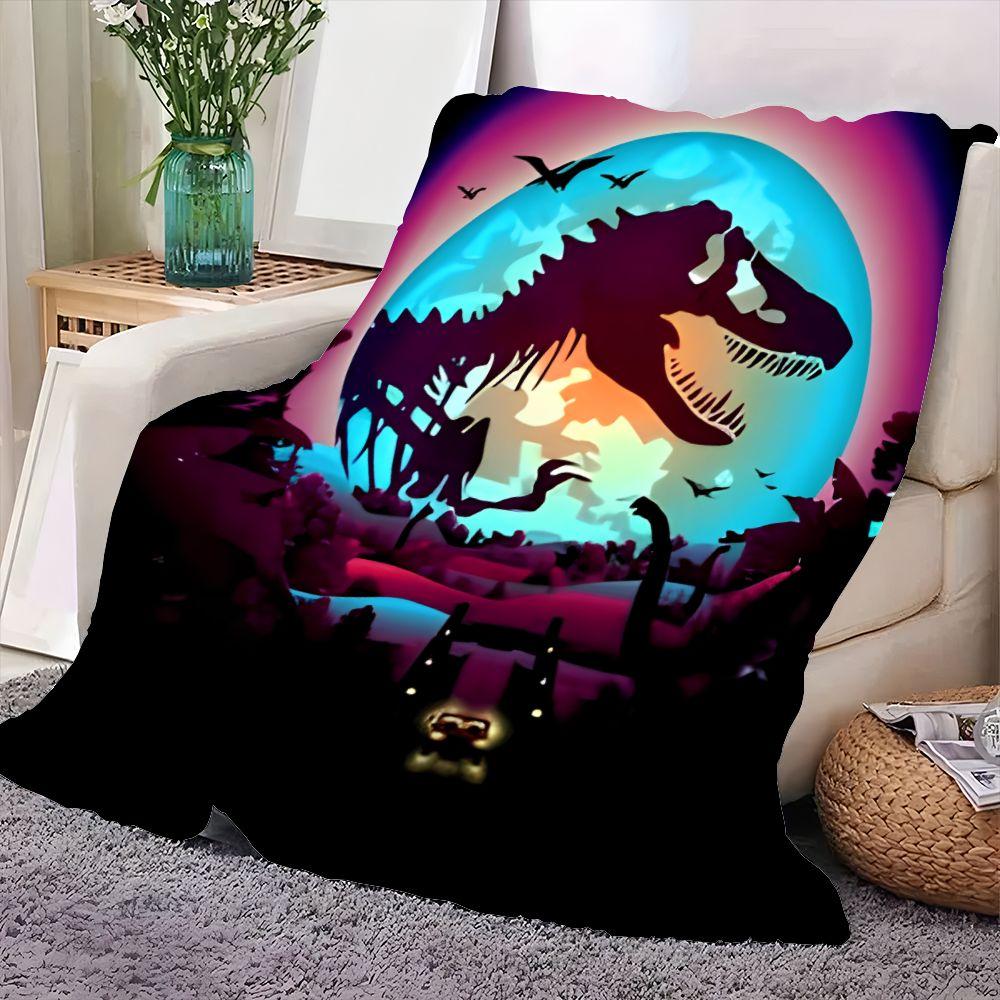 Vibrant Tyrannosaurus Rex Dinosaur and Glowing Blue Moon Blanket - Surreal Retro-Futuristic Soft Throw Blanket for Home Decor, P