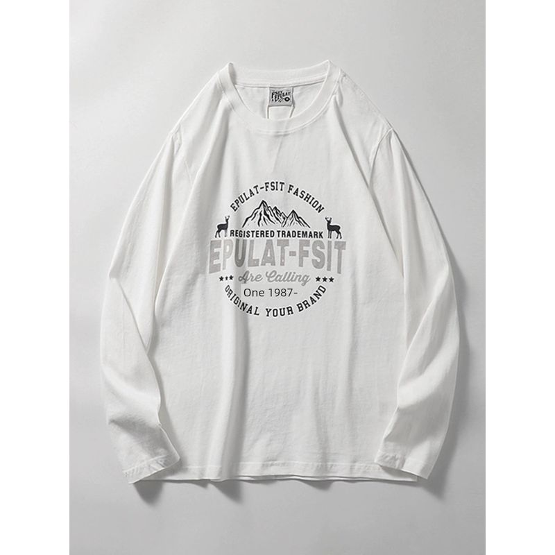 Trendy Retro Print Cotton Brushed Long Sleeve T-shirt