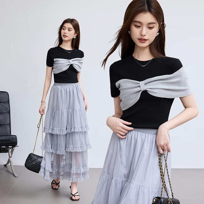 VICTORIA&VERA Women's 3D Bow Ice Silk Short Sleeve Knit Top