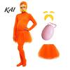Adults Spandex Unitard Orange Full Bodysuit, with Tulle Skirt, Fake Belly, Yellow Mustache & Eyebrows, Solid Color Costume Open Face Zentai